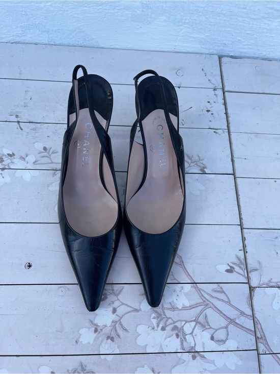 CHANEL Shoes - CHANEL Black Pointed Leather Slingback Pumps